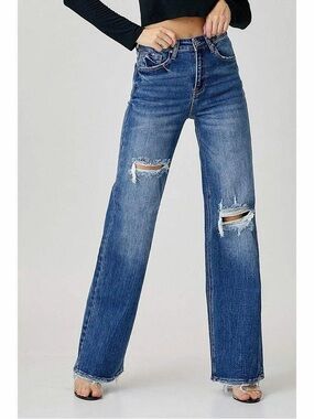 Risen High Waisted Distressed Wide Leg Jeans
